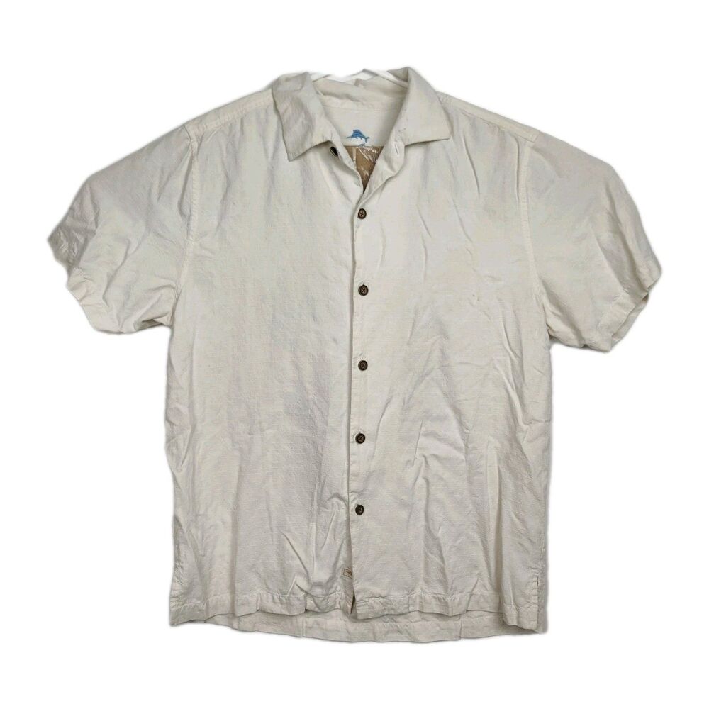 Tommy Bahama 100% Silk Tiki‎ Lounge Button-Up Shirt Men's M Ivory Embroidered